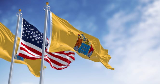 New Jersey state flags waving with the american flag on a clear day. US state flag. Pride and community concept. 3d illustration render. Rippling fabric. Selective focus