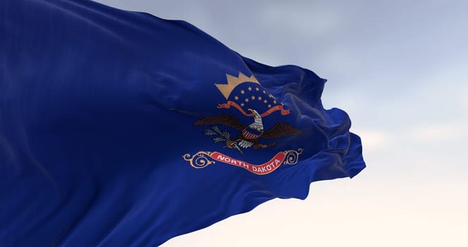 Close-up of North Dakota state flag waving. Blue with coat of arms. Eagle above “North Dakota” scroll. 3d illustration render. Selective focus. Fluttering textile