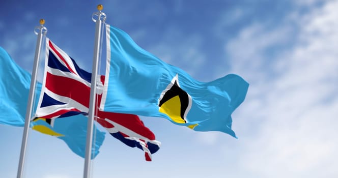 Saint Lucia national flags waving with United Kingdom flag on a clear day. Island state of the Commonwealth in Central America. 3d illustration render. Rippling fabric