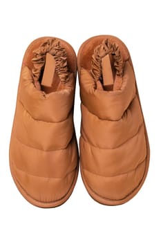 Slippers isolated. Close-up of a pair of female brown warm and soft cosy terry house slippers isolated on white background. Clipping path. Womens shoes. Top view.