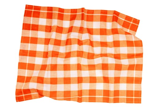 Closeup of a orange and white checkered napkin or tablecloth texture isolated on white background. Kitchen accessories.