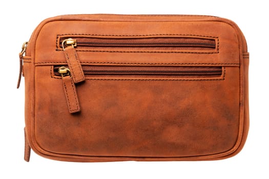 Leather handbag isolated. Close-up of brown businessman luxury leather wrist handbag. Clipping Path. Fashionable brown leather briefcase or bag for men.