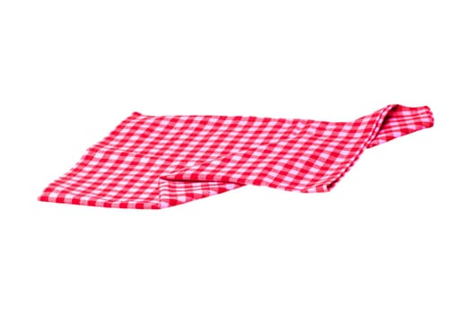Closeup of a red and white checkered napkin or tablecloth texture isolated on white background. Clipping path. Kitchen accessories. Top view.