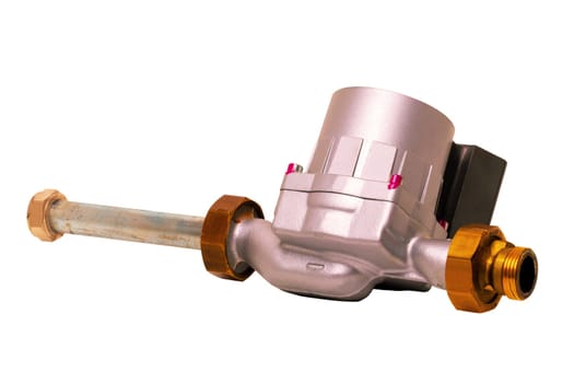 Electric circulation pump of a condensing gas heating system isolated on a white background. Used spare parts for condensing gas heaters. Gas boiler repair. Macro.