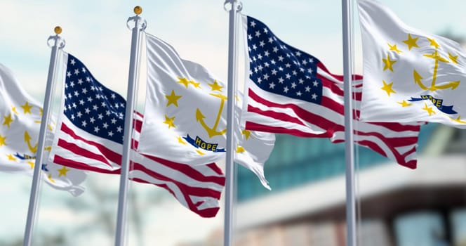 Rhode Island state flag waving with the american flag. Gold anchor in the center surrounded by thirteen gold stars. 3d illustration render. Rippling fabric.