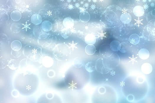 Christmas card template. Abstract festive blue winter christmas background texture with a pastel bokeh lighted xmas baubles and stars. Beautiful card design. Space.