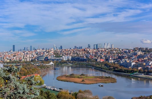 Istanbul, Turkey - November 14, 2023. Istanbul city view from Pierre Loti Teleferik station overlooking Golden Horn, Eyup District, Istanbul, Turkey