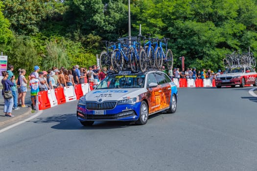 Bayonne, France: 03 July 2023: Car of racing team Jaico of Tour de France in the 3 stage of "Le Tour de France"" in Bayonne, Basque Country. France."