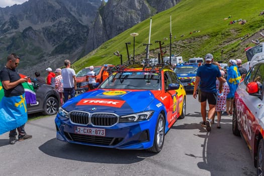 Col du Tourmalet, France - July 06 2023: Caravan car at the top of the Col du Tourmalet in Pyerenees mountains during the stage 6 of Le Tour de France 2023