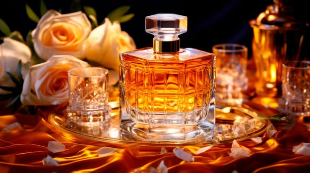 Small luxury liquor bottle on a table with rose flowers. Alcoholic beverage ready to drink. AI generated