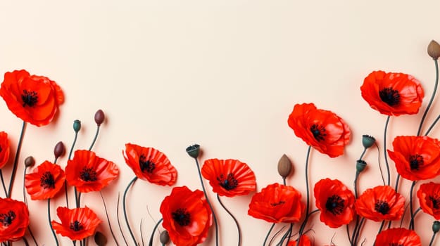 Flowers composition. Border made of beautiful red poppies. Greeting card. Flat lay, top view, copy space. AI generated