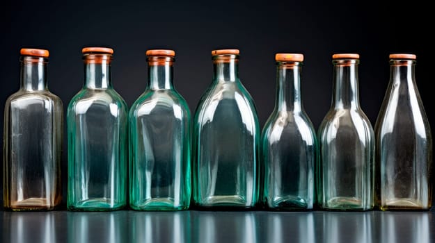 Group of vintage bottles. Transparent old glass containers to recycle or repurpose. AI generated