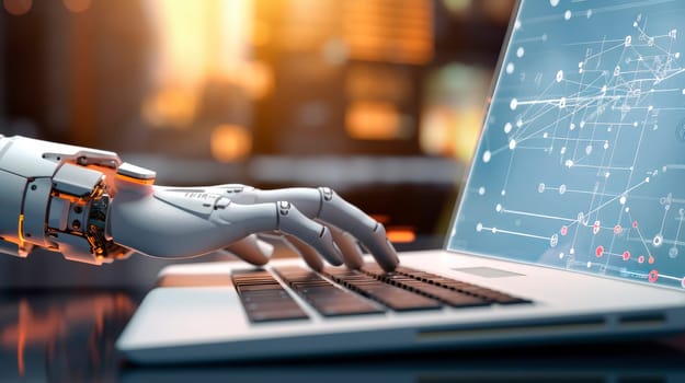 Robotic arm working with computer keyboard. Business data analytics programming online, digital world technology. AI generated