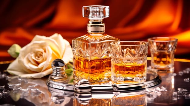 Small luxury liquor bottle on a table with rose flowers. Alcoholic beverage ready to drink. AI generated