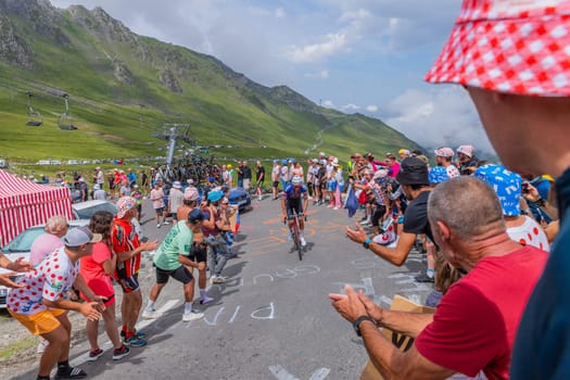Col du Tourmalet, France - July 06 2023: Mathieu van der Poel climbig the road to Col du Tourmalet in Pyerenees mountains during the stage 6 of Le Tour de France 2023.