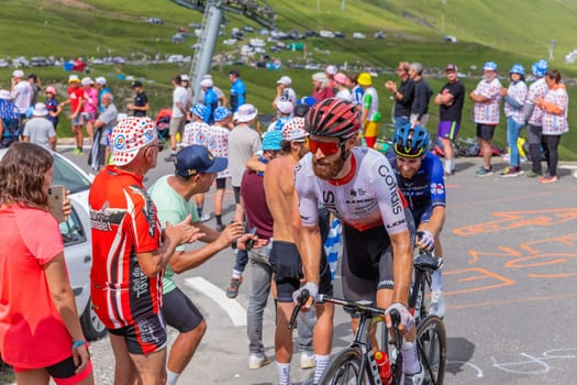 Col du Tourmalet, France - July 06 2023: Simon Geschke climbig the road to Col du Tourmalet in Pyerenees mountains during the stage 6 of Le Tour de France 2023.