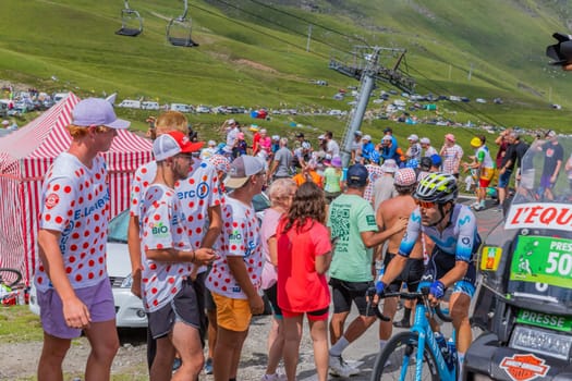 Col du Tourmalet, France - July 06 2023: Antonio Pedrero climbig the road to Col du Tourmalet in Pyerenees mountains during the stage 6 of Le Tour de France 2023.
