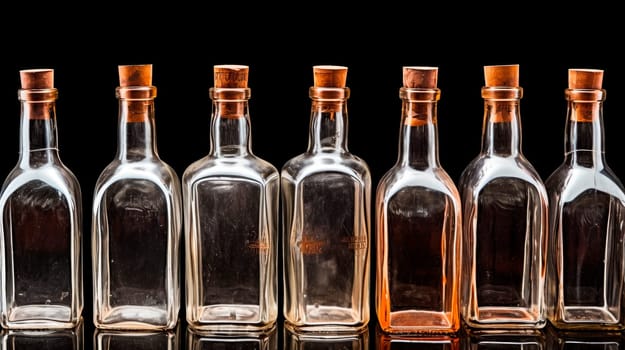 Group of vintage bottles. Transparent old glass containers to recycle or repurpose. AI generated