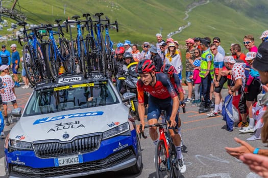 Col du Tourmalet, France - July 06 2023: Tom Pidcock climbig the road to Col du Tourmalet in Pyerenees mountains during the stage 6 of Le Tour de France 2023.