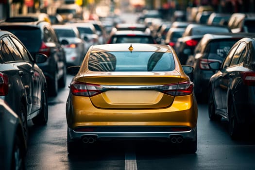 The lines of cars stuck in traffic jam city street, back view. Cars on the road heading towards the goal of the trip. AI generated