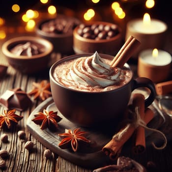 A cozy and warm setting featuring a cup of hot chocolate with whipped cream on top. The hot chocolate is garnished with a sprinkle of cocoa and is accompanied by a cinnamon stick