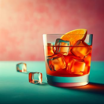 A whiskey glass with ice cubes and an orange slice on a teal backdrop. The image is vibrant and elegant