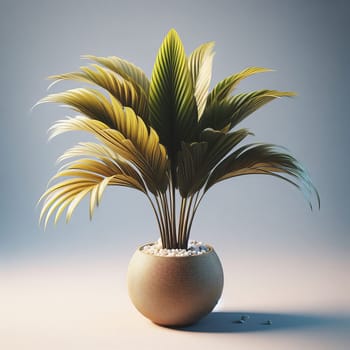 A lush green potted palm plant against a soft gradient background. The plant is perfect for indoor decor and home interiors