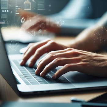 A pair of hands typing on a laptop keyboard. Graphical elements include charts and graphs showing data analysis or business intelligence