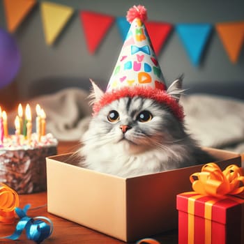 A cute grey cat wearing a party hat sits inside a gift box surrounded by birthday decorations. Candles, cake, ribbons, bows, balloons, and confetti add to the festive mood