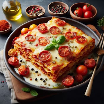 A delicious homemade lasagna dish, garnished with tomatoes and basil, surrounded by spices and ingredients. The lasagna is baked to perfection and topped with melted cheese