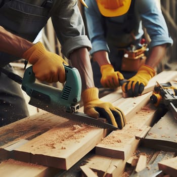 Carpenter in a workshop using a jigsaw to cut wood, surrounded by sawdust