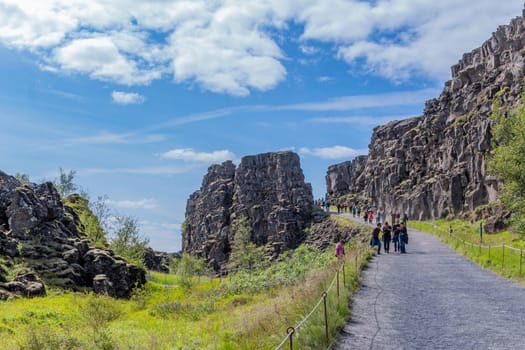 Thingvellir, Iceland: 27 July 2023: Almannagja, rift valley between the Eurasian and North-American plates, Iceland, Thingvellir National Park
