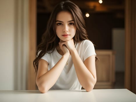 Portrait of a Young Adult Woman with Brunette Hair Sitting Indoors, Looking at the Camera