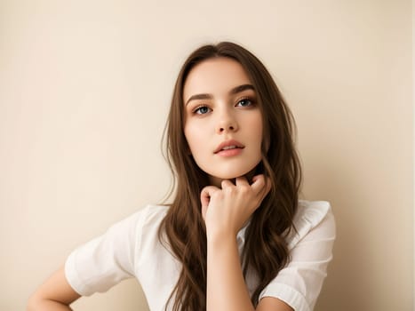 Young Woman with Long Brown Hair Looking at the Camera in a Studio Photo Shoot