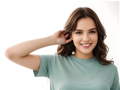 Cheerful Woman with Brown Hair and a Joyful Smile on White Background