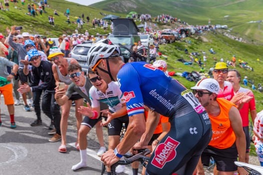 Col du Tourmalet, France - July 06 2023: Mathew van der Poel climbig the road to Col du Tourmalet in Pyerenees mountains during the stage 6 of Le Tour de France 2023.