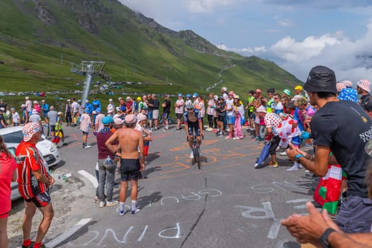 Col du Tourmalet, France - July 06 2023: Kasper Asgreen climbig the road to Col du Tourmalet in Pyerenees mountains during the stage 6 of Le Tour de France 2023.