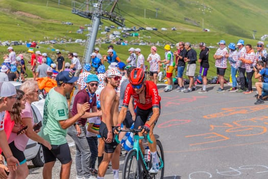 Col du Tourmalet, France - July 06 2023: Warren Barguil climbig the road to Col du Tourmalet in Pyerenees mountains during the stage 6 of Le Tour de France 2023.