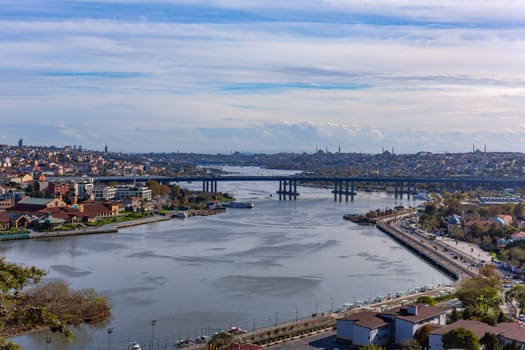 Istanbul, Turkey - November 14, 2023. Istanbul city view from Pierre Loti Teleferik station overlooking Golden Horn, Eyup District, Istanbul, Turkey