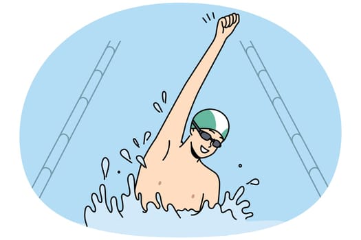 Smiling young man in cap and glasses celebrate win finish first swimming in pool. Excited guy triumph with victory in competition. Sport and hobby. Vector illustration.