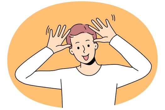 Overjoyed guy make funny face feeling joyful and positive. Smiling boy have fun show playful facial expression. Vector illustration.
