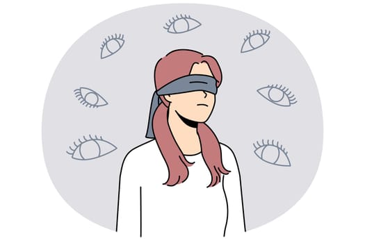 Young woman with cover on eyes feel stalked with various numerous eyes. Blindfolded female feeling paranoid. Mental health and paranoia. Vector illustration.