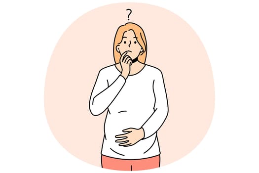 Frustrated young pregnant woman touch belly feeling doubtful thinking. Confused female feel questionable and unsure about pregnancy. Vector illustration.
