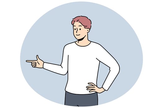 Smiling young man point aside demonstrate good deal or offer. Happy man recommend sale or promotion. Client feedback concept. Vector illustration.