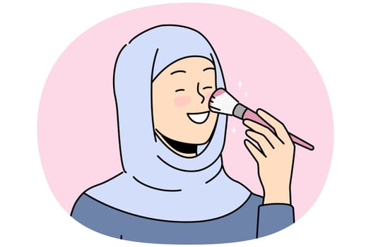 Smiling young Arabic woman in hijab doing makeup. Happy arab female with powder brush get ready do daily beauty routine. Vector illustration.