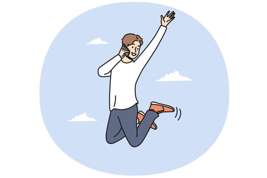 Overjoyed young man jumping in air talking on cellphone. Smiling guy feel excited and triumphant speaking on smartphone. Vector illustration.