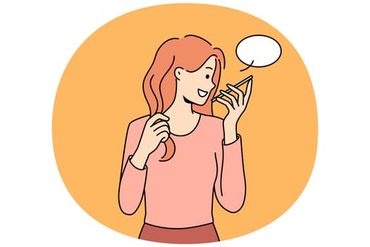 Smiling young woman talk on modern cellphone on loudspeaker. Happy girl have conversation on smartphone on speaker. Vector illustration.