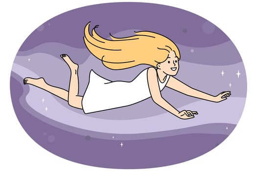 Smiling little girl flying in sky dreaming in sleep or nap. Happy dreamy child in air engaged in dreams. Daydreaming and imagination. Vector illustration.