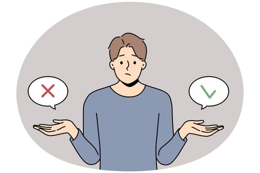 Frustrated young man feel unsure or doubtful about making decision. Confused guy think doubt about problem solution. Dilemma concept. Vector illustration.