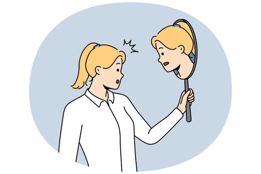 Woman looking in mirror thinking of different part of self. Young female consider aspects of inner identity. Self-awareness and oneness. Vector illustration.